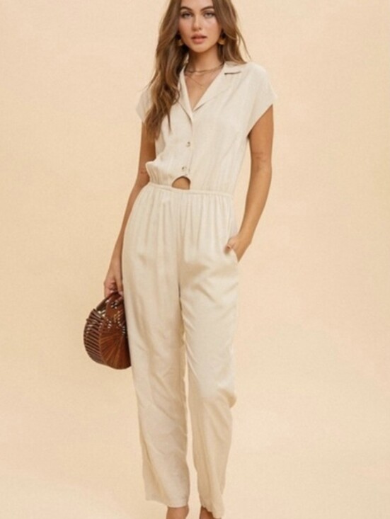 REVOLVE Pants - Nwt HEM & THREAD REVOLVE cut Out Linen Women’s Cream Short-Sleeve Jumpsuit Y2K